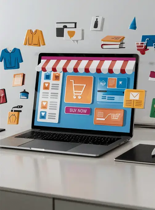  E-commerce website interface displayed on a laptop screen with colorful shopping icons floating around, showcasing various products and services.