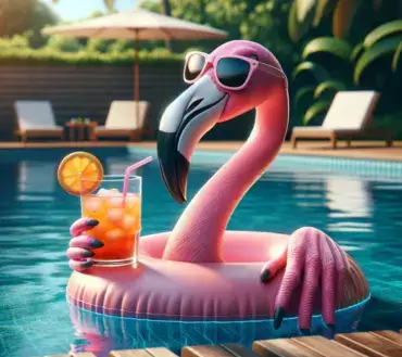 Mingo the flamingo mascot relaxing in a pool with a drink and sunglasses, floating on an inflatable ring.