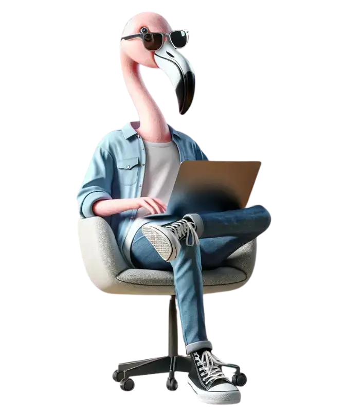 Mingo, the Analytical Web Designs mascot, a flamingo wearing sunglasses and casual clothes, sitting on a chair with a laptop