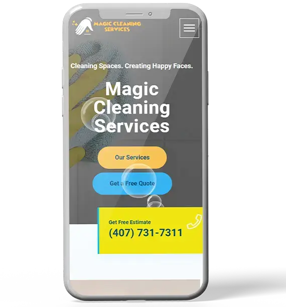 Mobile website interface for Magic Cleaning Services with options for services and free quotes