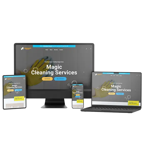 Responsive website for Magic Cleaning Services displayed on a desktop monitor, laptop, tablet, and smartphone, showing a consistent design across different devices.
