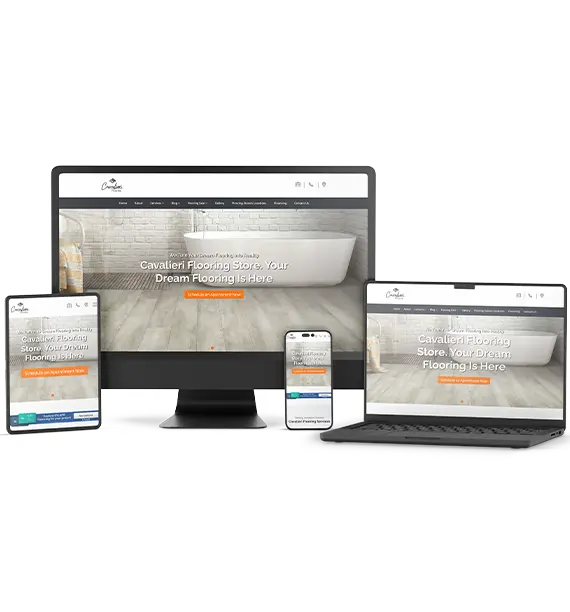 Responsive website for Cavalieri Flooring Store displayed on a desktop monitor, laptop, tablet, and smartphone, showcasing a consistent design across devices.