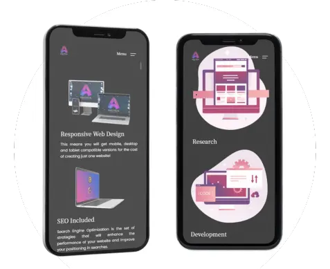 Two smartphones displaying responsive web design and SEO services by Analytical Web Designs, showcasing features such as research and development.