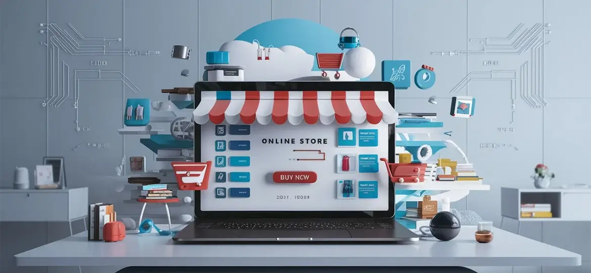 Modern e-commerce setup featuring a laptop displaying an online store interface with various shopping icons, set on a desk in a contemporary workspace