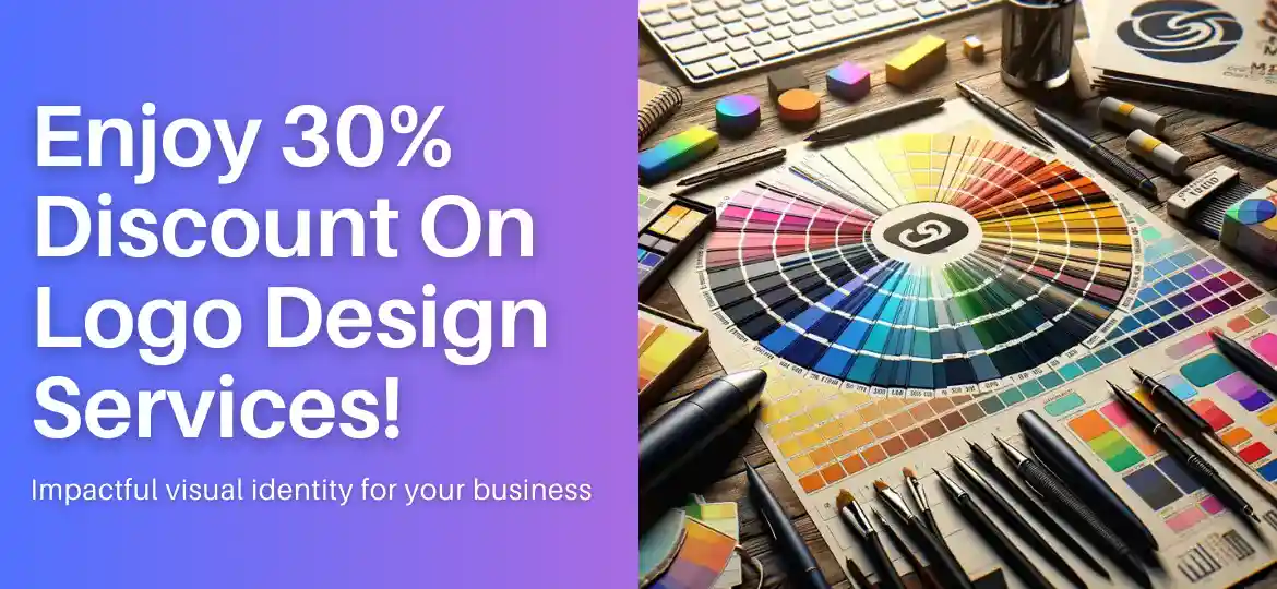 Enjoy 30% discount on logo design services with a colorful palette and art supplies on a designer's desk.