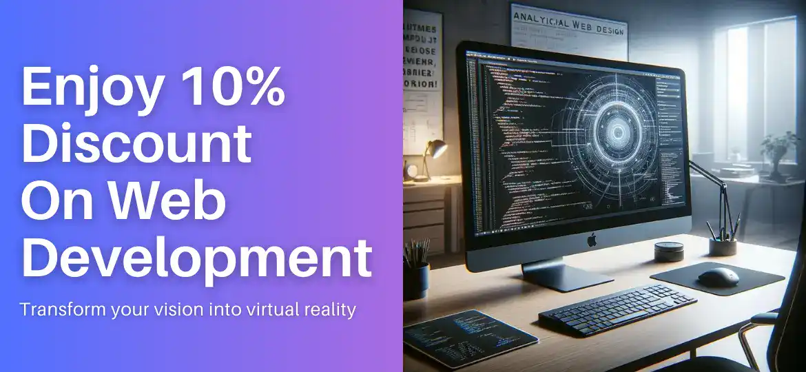 Promotional banner offering a 10% discount on web development services, featuring an image of a computer monitor with code on the screen and a modern workspace.