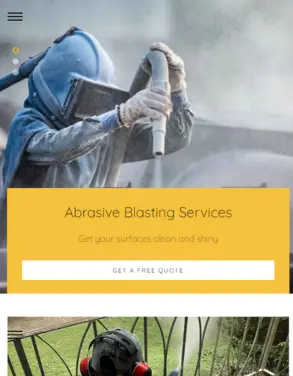 Promotional section for abrasive blasting services featuring an image of a professional performing abrasive blasting, with a call-to-action to get a free quote.