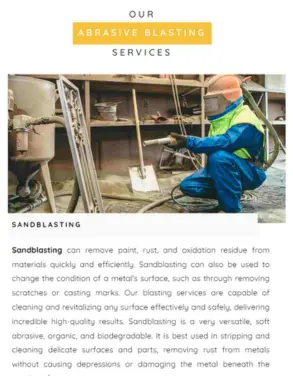 Description of abrasive blasting services featuring an image of a professional performing sandblasting, highlighting the benefits of removing paint, rust, and oxidation from various surfaces.