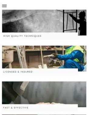 Lusotec Inc. website section showcasing high-quality abrasive blasting techniques, licensed and insured professionals, and fast and effective service with images of professionals at work.