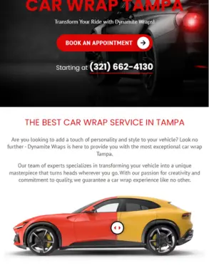 Promotional website layout for Dynamite Wraps, showcasing car wrap services in Tampa, features include booking appointments, visual appeal, protection, and advertising benefits.