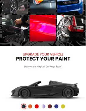 Promotional section highlighting car wrap services for paint protection and vehicle upgrades, showcasing various car wrap colors and images of cars being wrapped.