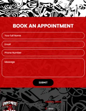 Booking form for Dynamite Wraps car wrap services, featuring fields for name, email, phone number, and message, set against a red and black graphic background.