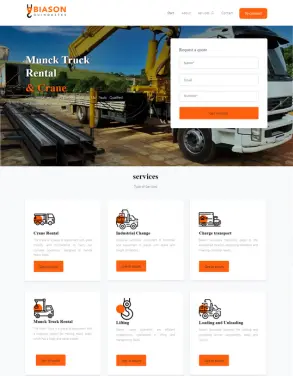 Biason website featuring services for Munck truck rental, crane rental, industrial cargo transport, lifting, and loading and unloading with images of equipment and a request a quote form.