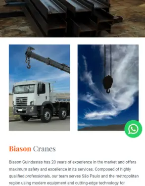 Biason website section highlighting their professional crane services with images of a Munck truck and crane in action, and a description of their safety and excellence in service.