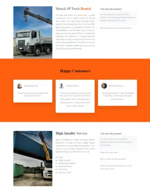 Biason website section promoting Munck SP truck rental services, featuring customer testimonials and images of crane operations, highlighting their high-quality service.