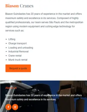 Biason website section highlighting their crane services, including lifting, charge transport, loading and unloading, industrial removal, and Munck truck rental, with a request a quote button.