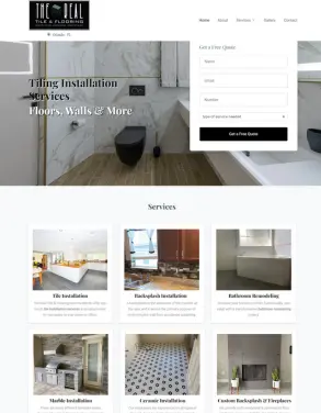 The Real Tile & Flooring website showcasing professional tiling installation services for floors and walls, including kitchen backsplashes, bathroom remodeling, and custom tile projects.