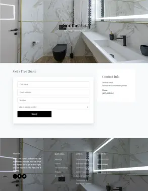 Contact page of The Real Tile & Flooring website featuring a form to request a free quote, contact information, and an image of a modern bathroom with elegant tiling.