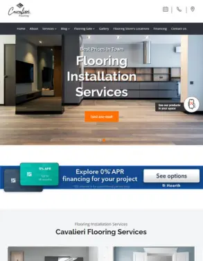 Homepage of Cavalieri Flooring Services website highlighting their flooring installation services with images of modern interiors and a call-to-action to explore financing options.