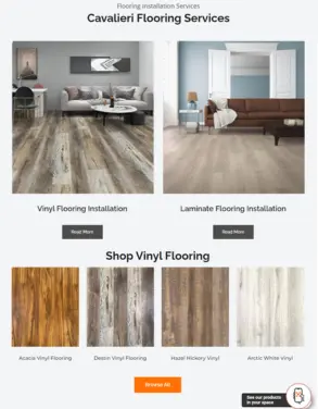 Section of Cavalieri Flooring Services website showcasing vinyl and laminate flooring installation options with images of different flooring styles and a call-to-action to browse more.