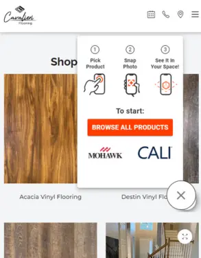 Cavalieri Flooring website section inviting users to browse vinyl flooring products, featuring a guide to pick a product, snap a photo, and see it in your space with images of various flooring options.