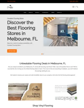 Homepage of Cavalieri Flooring Store website promoting the best flooring deals in Melbourne, FL, with images of modern interiors and a call-to-action to shop vinyl flooring.