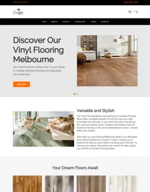 Promotional section of Cavalieri Flooring website showcasing vinyl flooring options in Melbourne with images of stylish interiors and a variety of flooring styles.