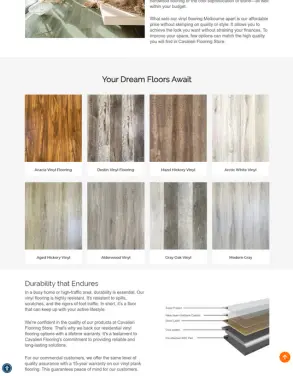 Section of Cavalieri Flooring website displaying various vinyl flooring options, including Acacia, Destin, Hazel Hickory, Arctic White, Aged Hickory, Alderwood, Gray Oak, and Modern Gray.