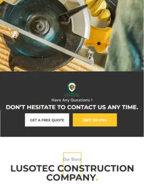 Contact section of Lusotec Construction Company website featuring a call-to-action for a free quote and contact information, with an image of construction equipment.