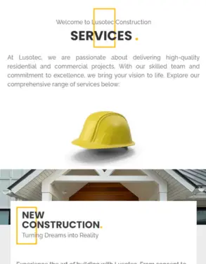 Services overview section of Lusotec Construction Company website highlighting their commitment to high-quality residential and commercial projects with images of a hard hat and new construction.