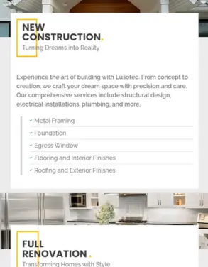 Section of Lusotec Construction Company website detailing new construction and full renovation services, including metal framing, foundation, egress window, flooring, and roofing.