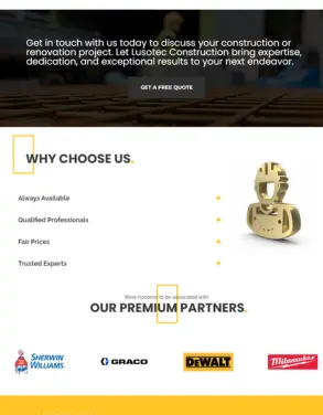 Contact section of Lusotec Construction Company website encouraging visitors to get a free quote, highlighting reasons to choose their services and showcasing premium partners.