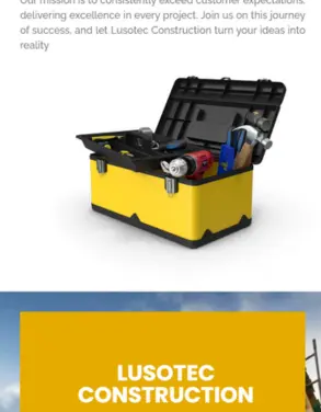 Lusotec Construction Company promotional section highlighting their commitment to excellence, featuring an image of a toolbox with various construction tools.