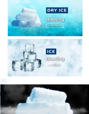 Promotional banners for Premier Ice Blasting showcasing dry ice and ice blasting services with images of ice blocks and cubes.