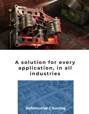 Promotional section for Premier Ice Blasting highlighting solutions for various industries, with an image of an automotive part and a focus on automotive cleaning services.