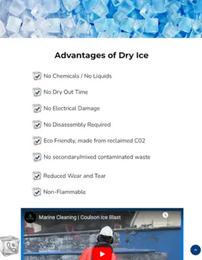 Informational section detailing the advantages of dry ice blasting by Premier Ice Blasting, including benefits like no chemicals, no electrical damage, and eco-friendliness.