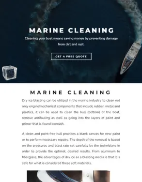 Marine cleaning service page by Premier Ice Blasting highlighting the benefits of dry ice blasting for boats, including preventing damage from dirt and rust with an image of a boat in water.