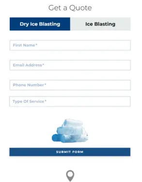 Quote request form for Premier Ice Blasting services, including fields for name, email address, phone number, and type of service, with options for dry ice blasting and ice blasting.