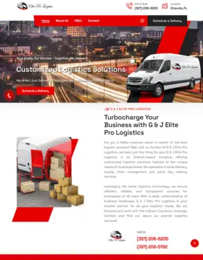 Homepage of G & J Elite Pro Logistics website showcasing customized logistics solutions with images of delivery vans and packages, and a call-to-action to schedule a delivery.