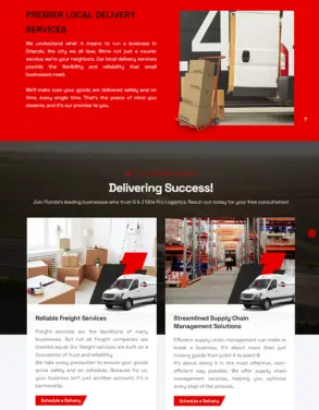 Section of G & J Elite Pro Logistics website highlighting reliable freight services and streamlined supply chain management solutions with images of delivery vans and warehouses.