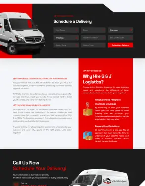 Section of G & J Elite Pro Logistics website with a form to schedule a delivery, highlighting reasons to hire their services including licensed professionals and personalized solutions.