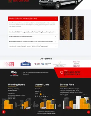 G & J Elite Pro Logistics website section highlighting their delivery services, partnerships, working hours, and service area, with an FAQ section and contact information.