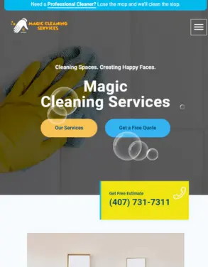 Homepage of Magic Cleaning Services website showcasing services, contact information, and call-to-action buttons for getting a free quote and viewing services.