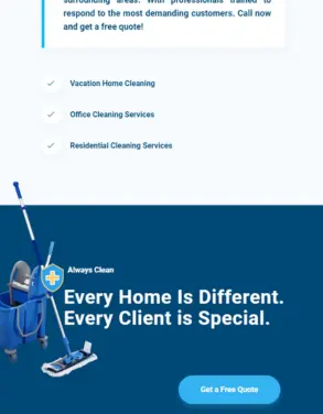 Section of Magic Cleaning Services website highlighting vacation home cleaning, office cleaning, and residential cleaning services with a call-to-action for a free quote.