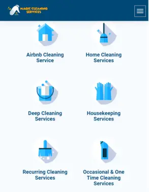 Overview of cleaning services offered by Magic Cleaning Services including Airbnb cleaning, home cleaning, deep cleaning, housekeeping, recurring cleaning, and one-time cleaning.