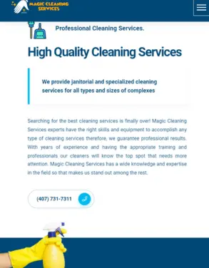 Promotional section of Magic Cleaning Services website highlighting high quality cleaning services with a focus on janitorial and specialized cleaning for various types and sizes of complexes.