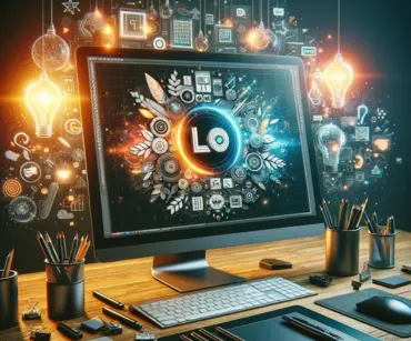 Creative digital workspace featuring a monitor displaying vibrant graphics, surrounded by light bulbs and various tech gadgets on a wooden desk.