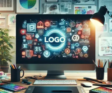 A creative workspace featuring a computer monitor displaying a logo and colorful graphics, surrounded by art supplies, sketches, and a desk lamp on a wooden desk.