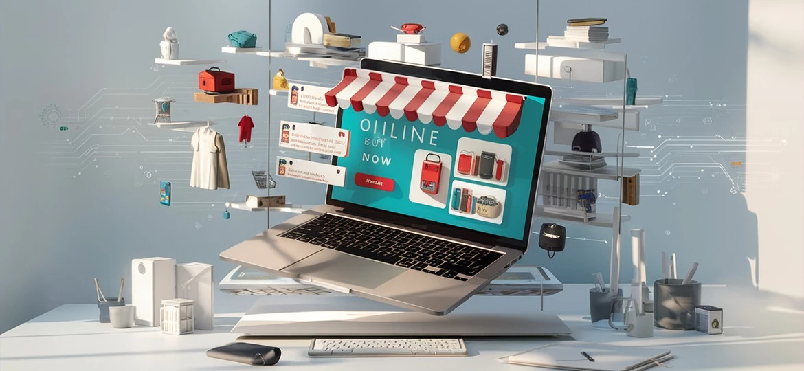 E-commerce concept featuring a floating laptop displaying a digital storefront with various products and shopping icons, set in a modern workspace